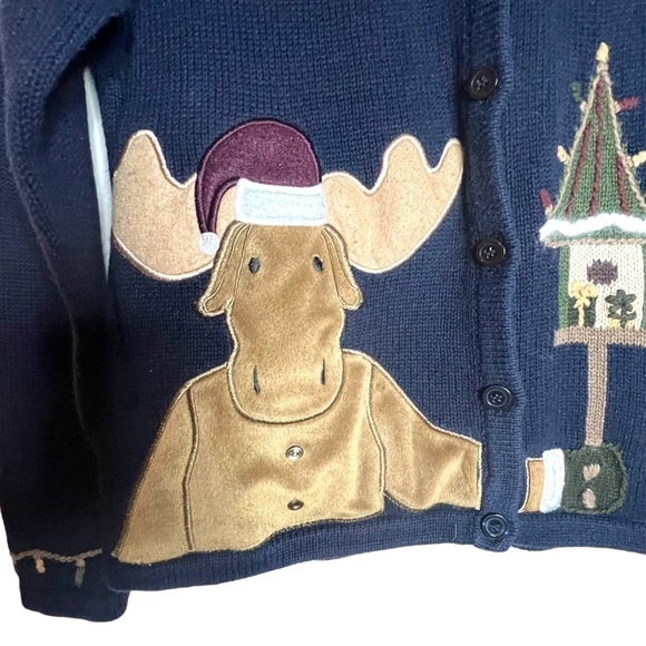Vintage Moose & Birdhouse Christmas Sweater Cardigan Navy Size S - Picture 2 of 8